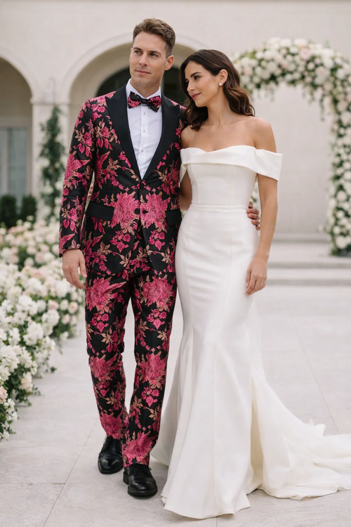 Men's Fuchsia Pink & Black Floral Paisley Prom 2022 Tuxedo