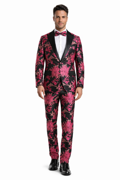 Men's Fuchsia Pink & Black Floral Paisley Prom 2022 Tuxedo