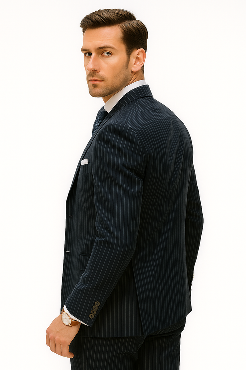 Mens Gangster Pinstripe 2 Button Double Breasted Suit in Navy