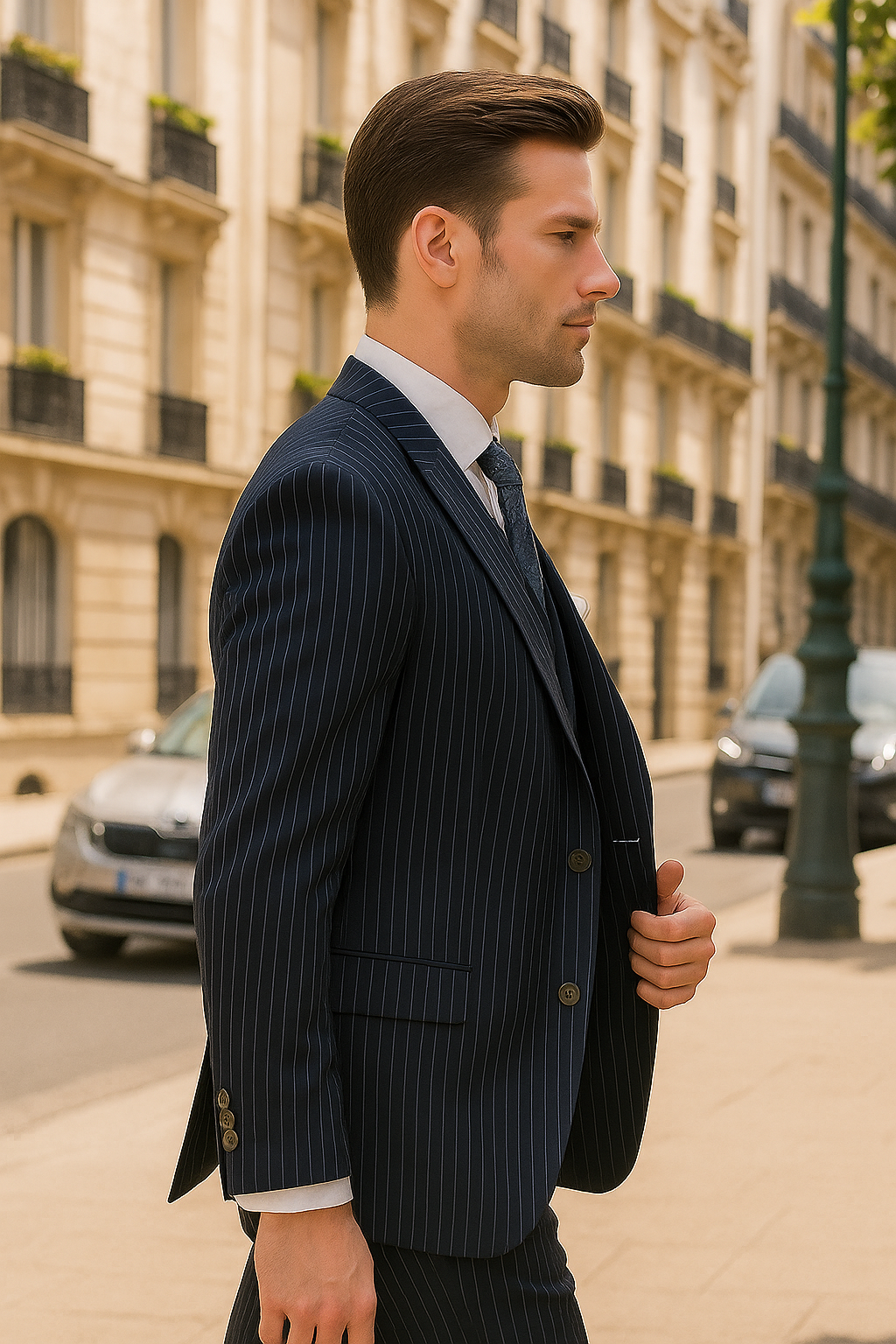 Mens Gangster Pinstripe 2 Button Double Breasted Suit in Navy - 38 Short Jacket+32 Waist Adjustable 28to34)(Height: 5 4 to5 7 )(Neck 15-16.5)S-M)