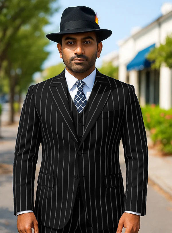 Mens Gangster Zoot Suit in Navy & White Chalk Stripe - 38 Short Jacket+32 Waist Adjustable 28to34)(Height: 5 4 to5 7 )(Neck 15-16.5)S-M)