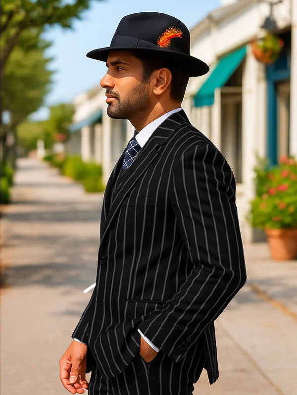 Mens Gangster Zoot Suit in Navy & White Chalk Stripe - 38 Short Jacket+32 Waist Adjustable 28to34)(Height: 5 4 to5 7 )(Neck 15-16.5)S-M)