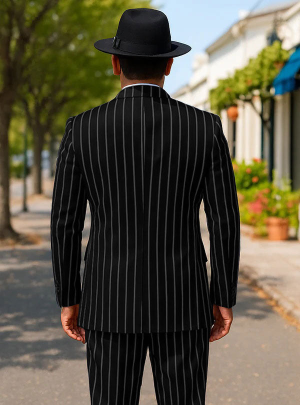 Mens Gangster Zoot Suit in Navy & White Chalk Stripe - 38 Short Jacket+32 Waist Adjustable 28to34)(Height: 5 4 to5 7 )(Neck 15-16.5)S-M)