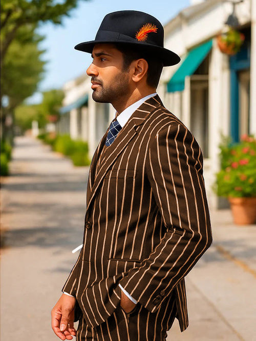 Mens Pinstripe Suit Brown