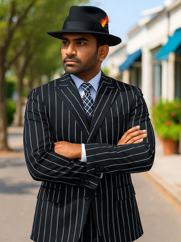 Mens Gangster Zoot Suit in Navy & White Chalk Stripe - 38 Short Jacket+32 Waist Adjustable 28to34)(Height: 5 4 to5 7 )(Neck 15-16.5)S-M)