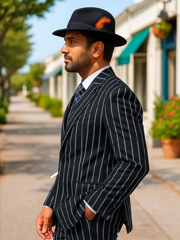 Mens Gangster Zoot Suit in Navy & White Chalk Stripe - 38 Short Jacket+32 Waist Adjustable 28to34)(Height: 5 4 to5 7 )(Neck 15-16.5)S-M)