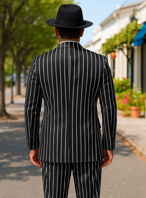 Mens Gangster Zoot Suit in Navy & White Chalk Stripe - 38 Short Jacket+32 Waist Adjustable 28to34)(Height: 5 4 to5 7 )(Neck 15-16.5)S-M)