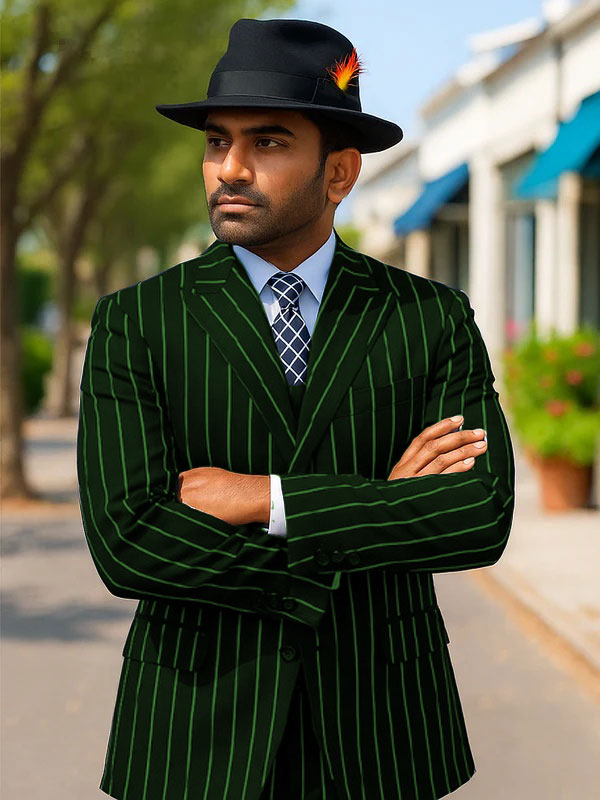 Mens Gangster Zoot Suit in Navy & White Chalk Stripe - 38 Short Jacket+32 Waist Adjustable 28to34)(Height: 5 4 to5 7 )(Neck 15-16.5)S-M)