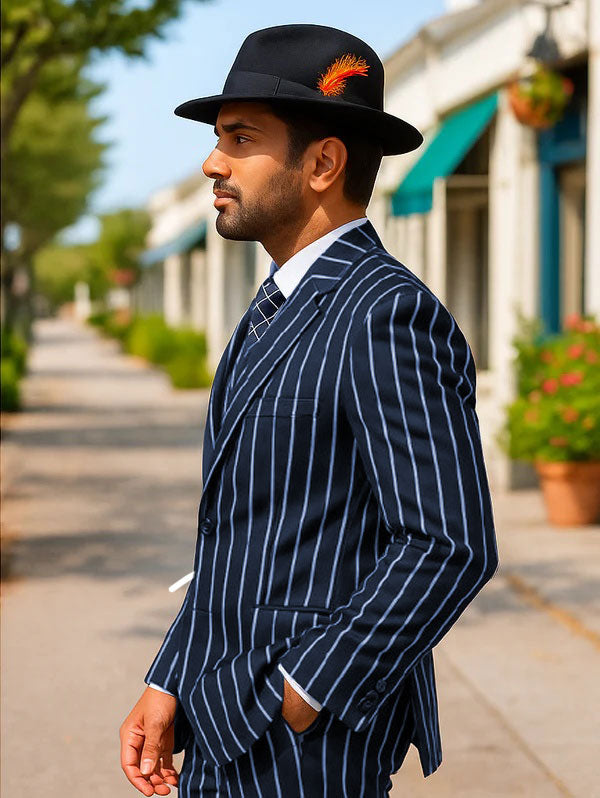 Mens Gangster Zoot Suit in Navy & White Chalk Stripe - 38 Short Jacket+32 Waist Adjustable 28to34)(Height: 5 4 to5 7 )(Neck 15-16.5)S-M)