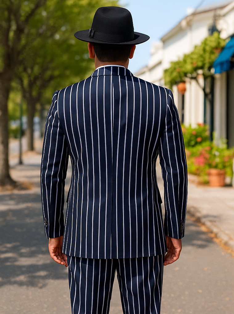 Mens Gangster Zoot Suit in Navy and White Chalk Stripe - 38 Short Jacket+32 Waist Adjustable 28to34)(Height: 5 4 to5 7 )(Neck 15-16.5)S-M)