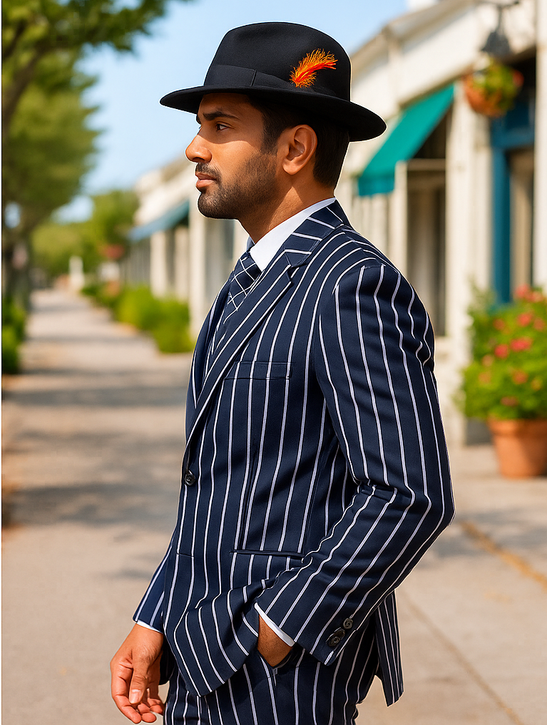 Mens Gangster Zoot Suit in Navy and White Chalk Stripe - 38 Short Jacket+32 Waist Adjustable 28to34)(Height: 5 4 to5 7 )(Neck 15-16.5)S-M)