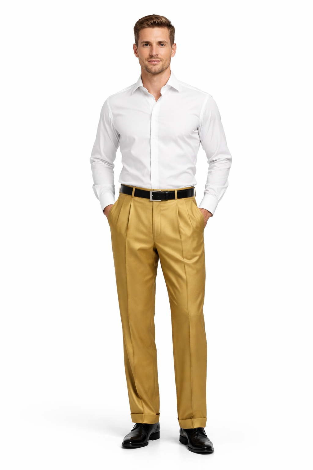 Men's Gold Dress Pants 2-Pleats with Cuff Hem-New Designer Collection