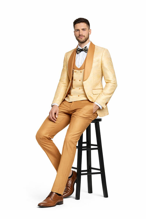 Gold Paisley 3-Piece Skinny Fit Suit β Wide Shawl Lapel with Matching Bow Tie