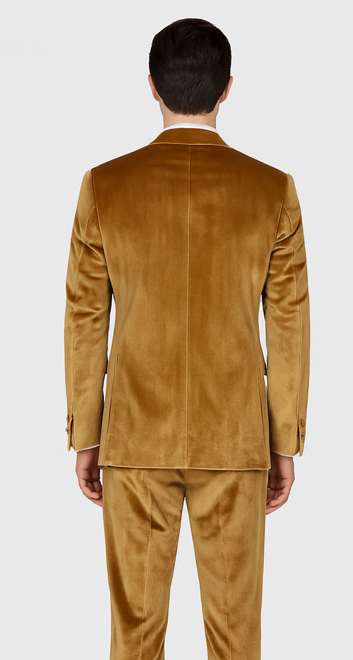 Mens Gold Velvet Suit Tazzio 2-Piece Slim Fit Peak Lapel Designer Formalwear
