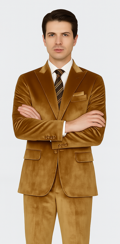 Mens Gold Velvet Suit Tazzio 2-Piece Slim Fit Peak Lapel Designer Formalwear