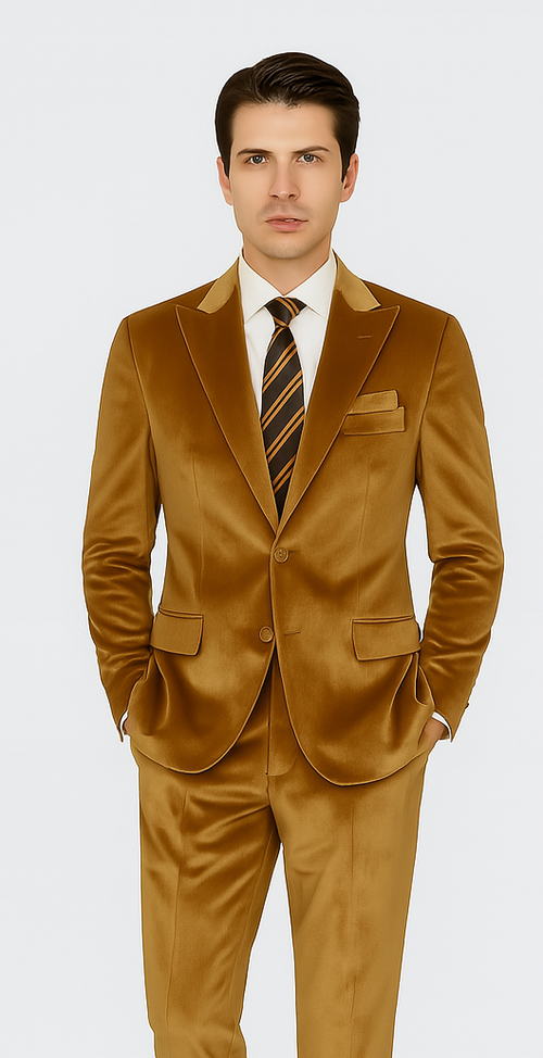Mens Gold Velvet Suit Tazzio 2-Piece Slim Fit Peak Lapel Designer Formalwear