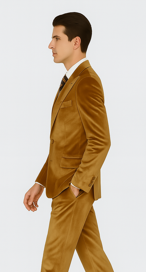 Mens Gold Velvet Suit Tazzio 2-Piece Slim Fit Peak Lapel Designer Formalwear