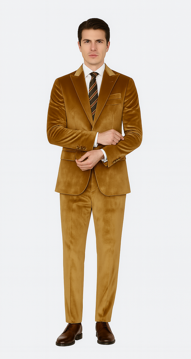 Men’s Gold Velvet Suit – Tazzio 2-Piece Slim Fit Peak Lapel Designer Formalwear - 34 Short or Extra Small