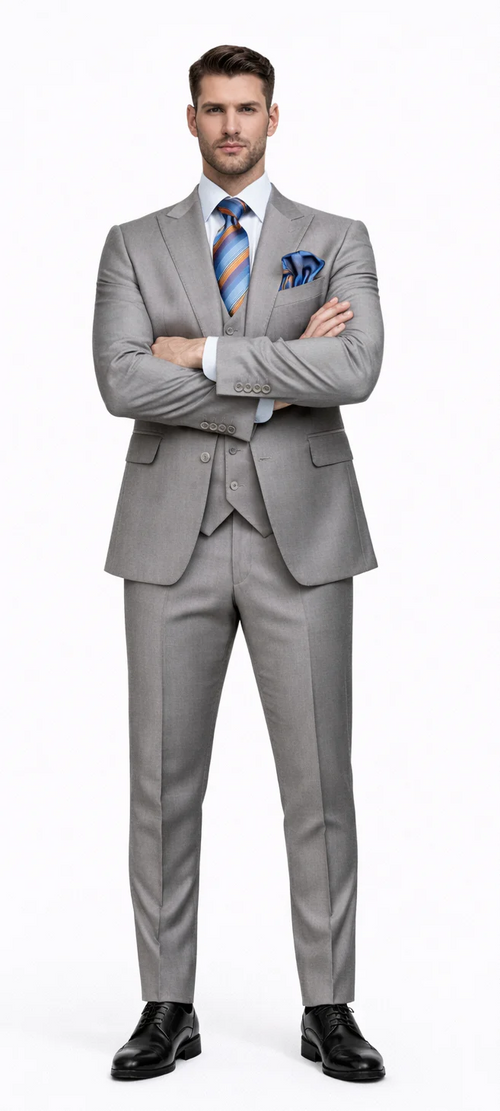 Men's Gray Slim Fit 3-Piece Suit by Rossiman With Vest & Tailored Trousers