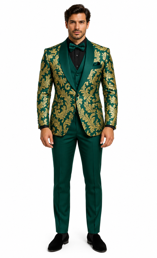 Mens Green and Gold Embroidered Tuxedo 3-Piece Prom Suit