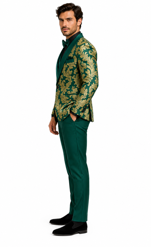 Mens Green and Gold Embroidered Tuxedo 3-Piece Prom Suit