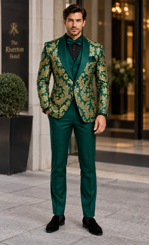 Mens Green and Gold Embroidered Tuxedo 3-Piece Prom Suit
