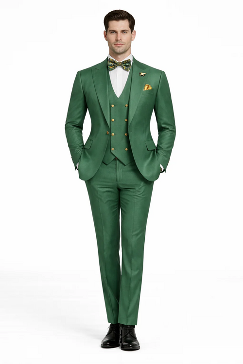 Mens Green Slim Fit Suit by Rossiman Stylish Double-Breasted Vest & Flat Front Pants