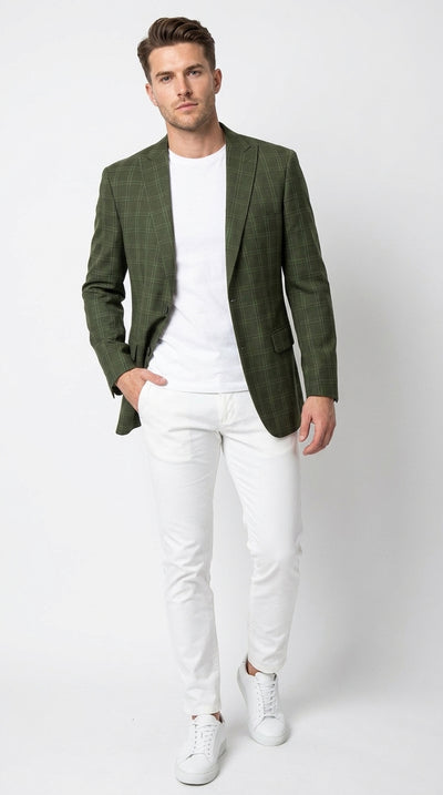Mens Green Windowpane Blazer – Two-Button Plaid Sport Coat for Weddings, Business and Modern Fit