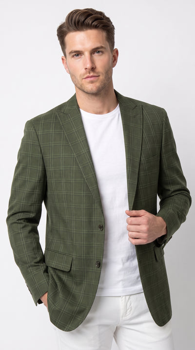 Mens Green Windowpane Blazer – Two-Button Plaid Sport Coat for Weddings, Business and Modern Fit