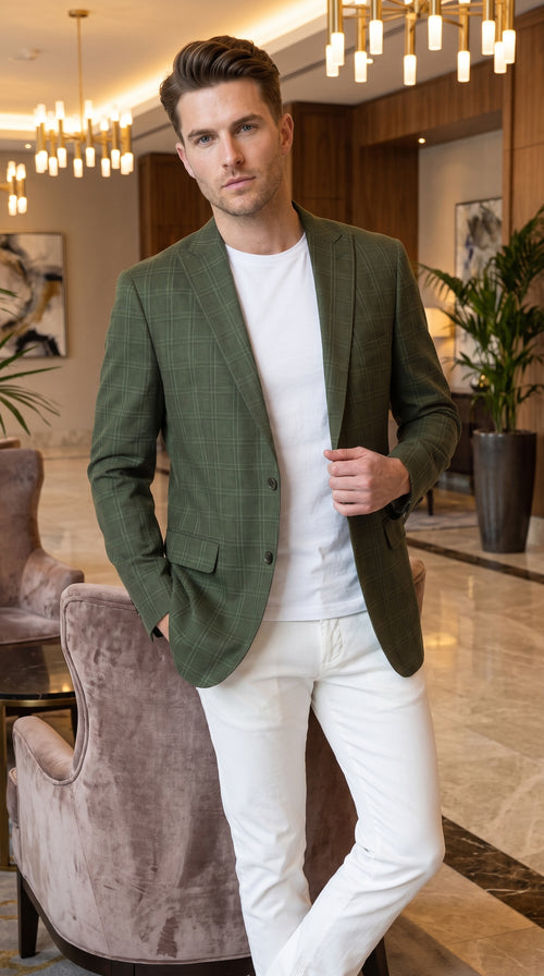 Mens Green Windowpane Blazer – Two-Button Plaid Sport Coat for Weddings, Business and Modern Fit