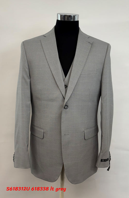 Men’s Grey Plaid 3-Piece Tailored Fit Suit with Vest