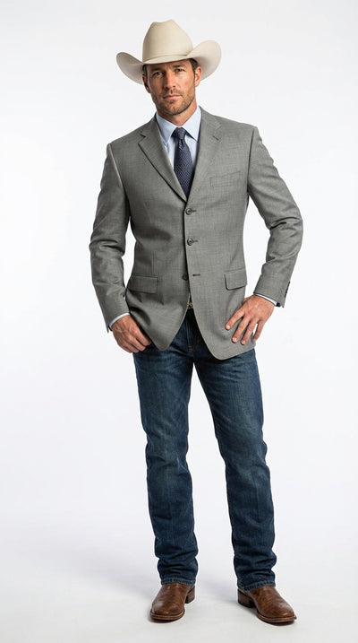 Mens Grey Western Three Button Blazer – Classic Cowboy Style Formal Jacket Business Casual Sport Coat