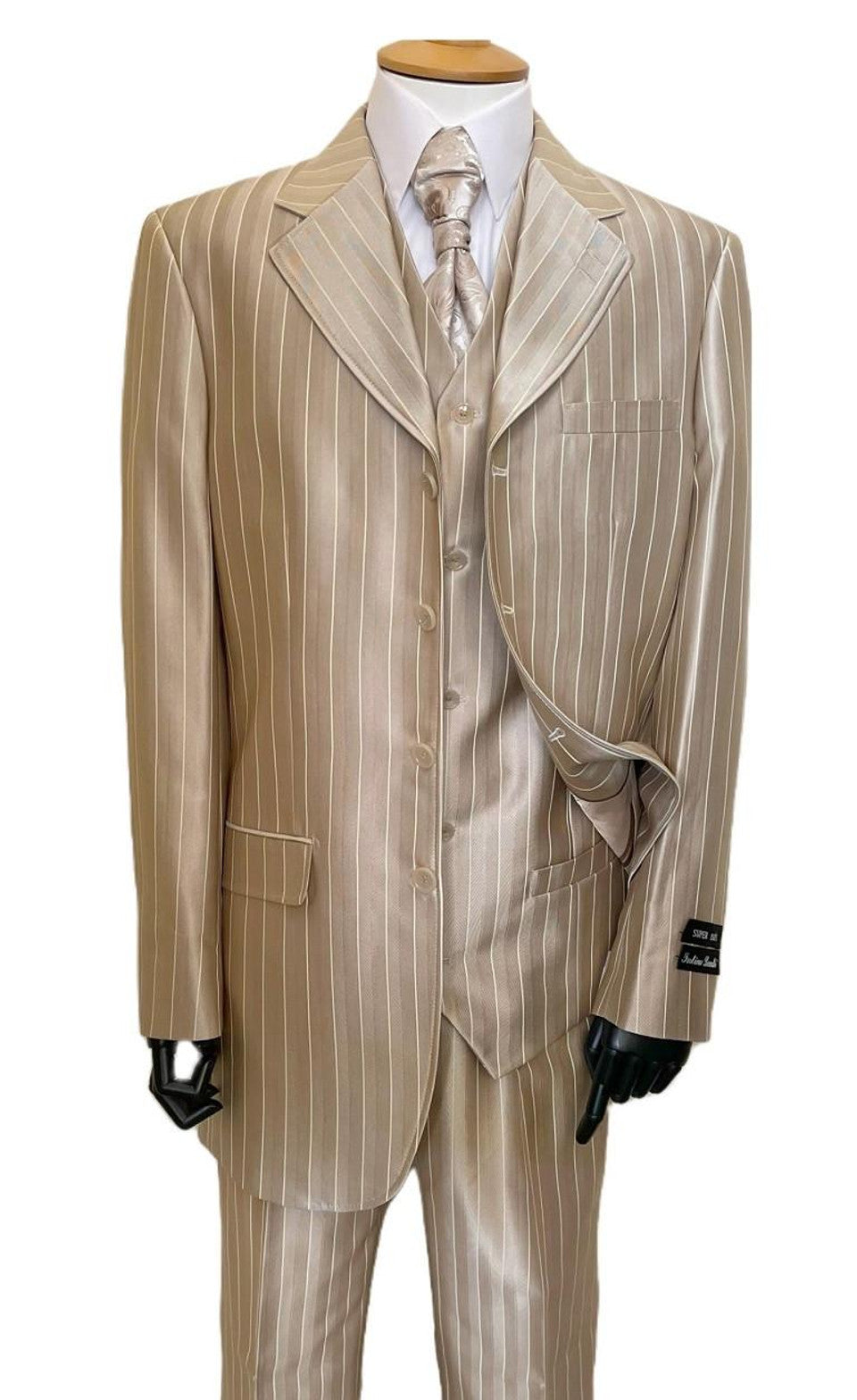 Zoot Suit - Shiny Gold Champaign Mens Harlem Gangster Suit 1920s Tan Stripe Fortino 2911V - 34 Short or Extra Small