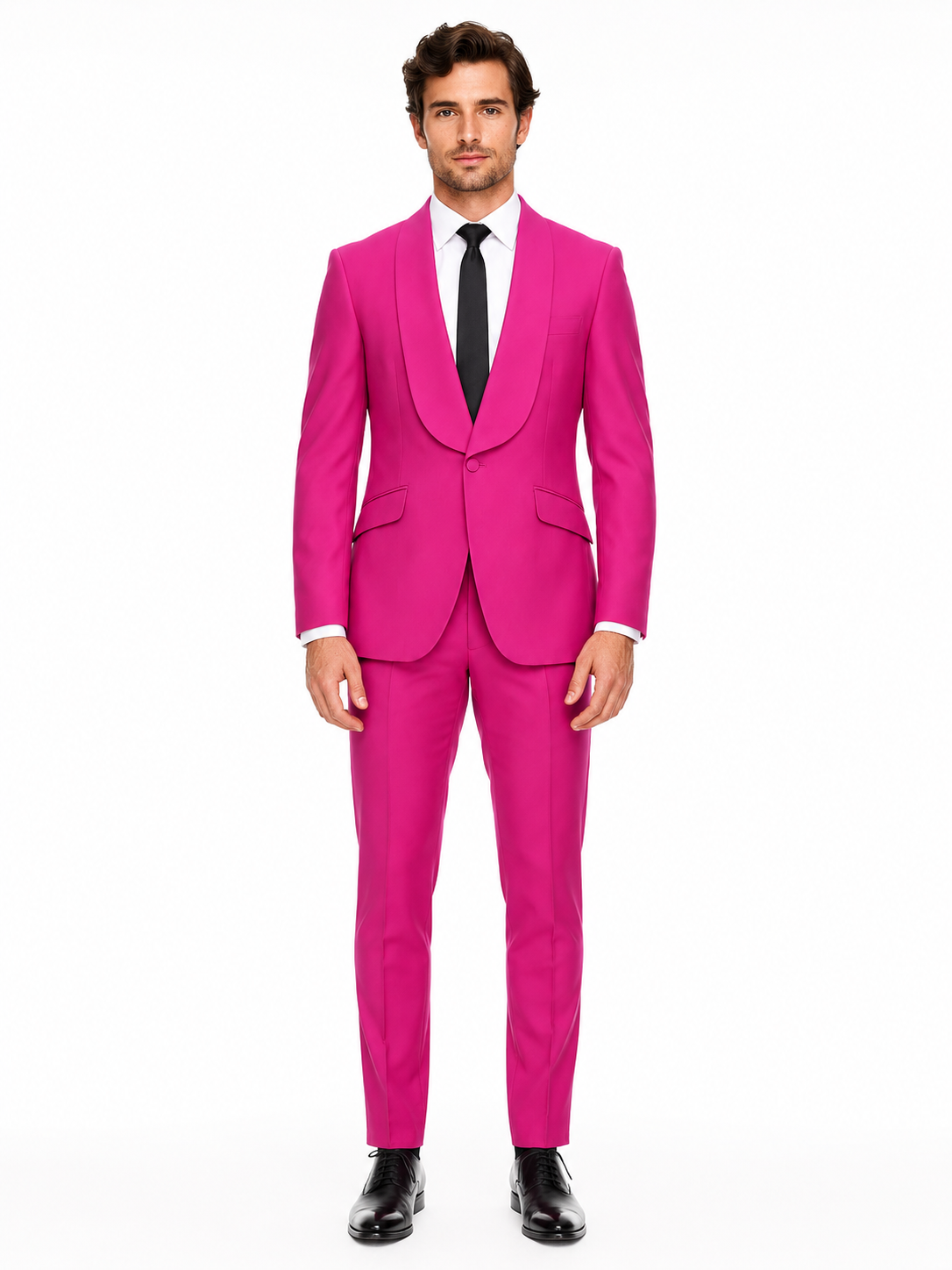 Mens Hot Pink Tuxedo Dinner Jacket + Pants with Shawl Lapel Slim Fit 2-Piece Suit for Weddings, Proms Suit in Fuchsia Colors
