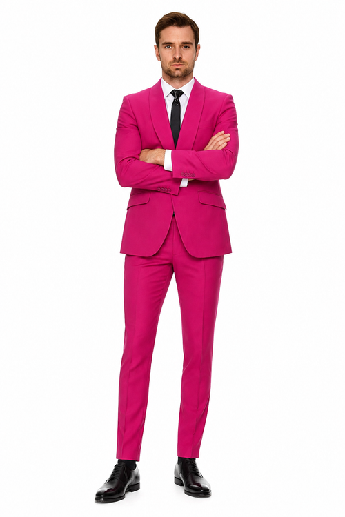 Mens Hot Pink Tuxedo Dinner Jacket + Pants with Shawl Lapel Slim Fit 2-Piece Suit for Weddings, Proms Suit in Fuchsia Color