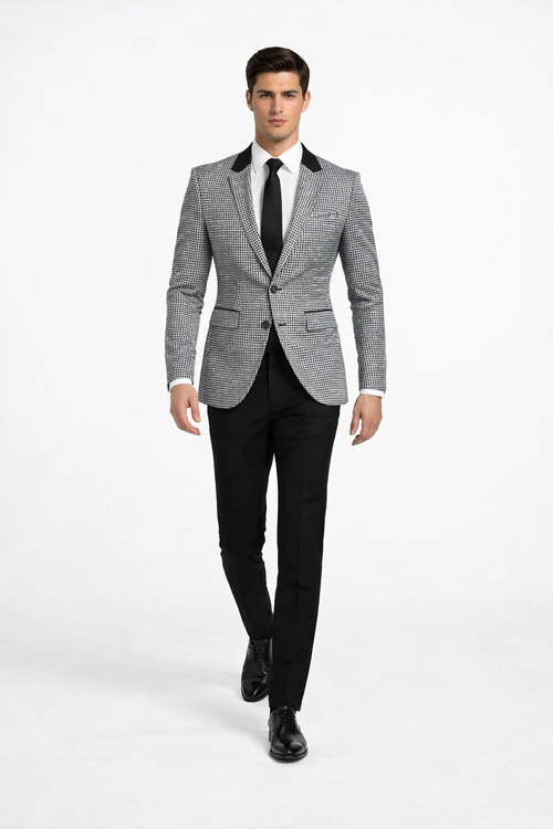 Mens Houndstooth Blazers Mens Two Button houndstooth checkered Designed Black ~ White Blazer