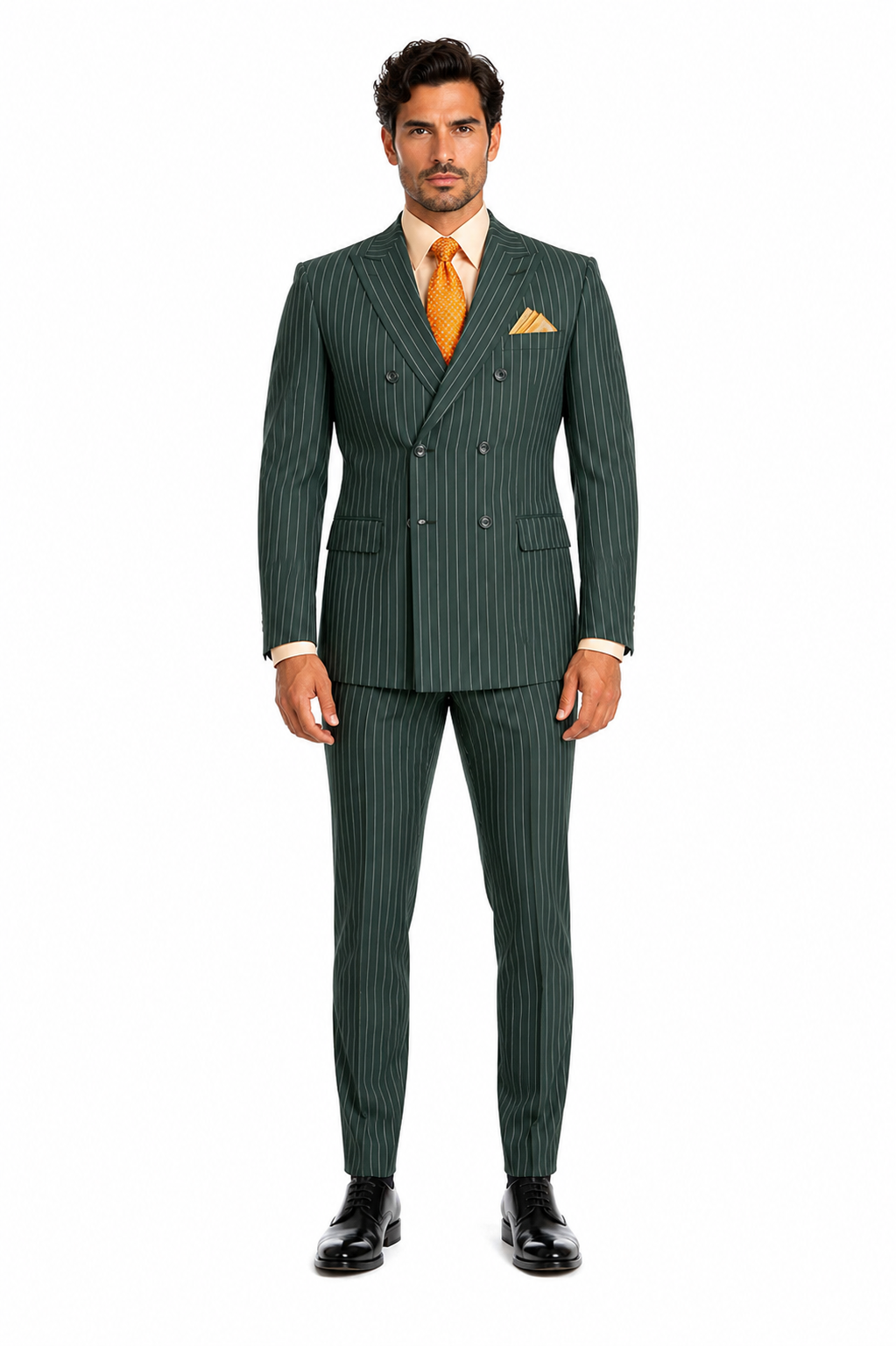 Mens Hunter Green Pinstripe Double-Breasted Suit Bold 6-Button Vintage Gangster Style 1920s Look