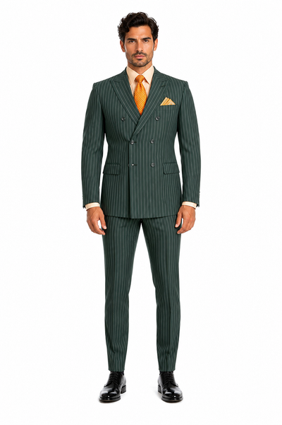 Mens Hunter Green Pinstripe Double-Breasted Suit Bold 6-Button Vintage Gangster Style 1920s Look
