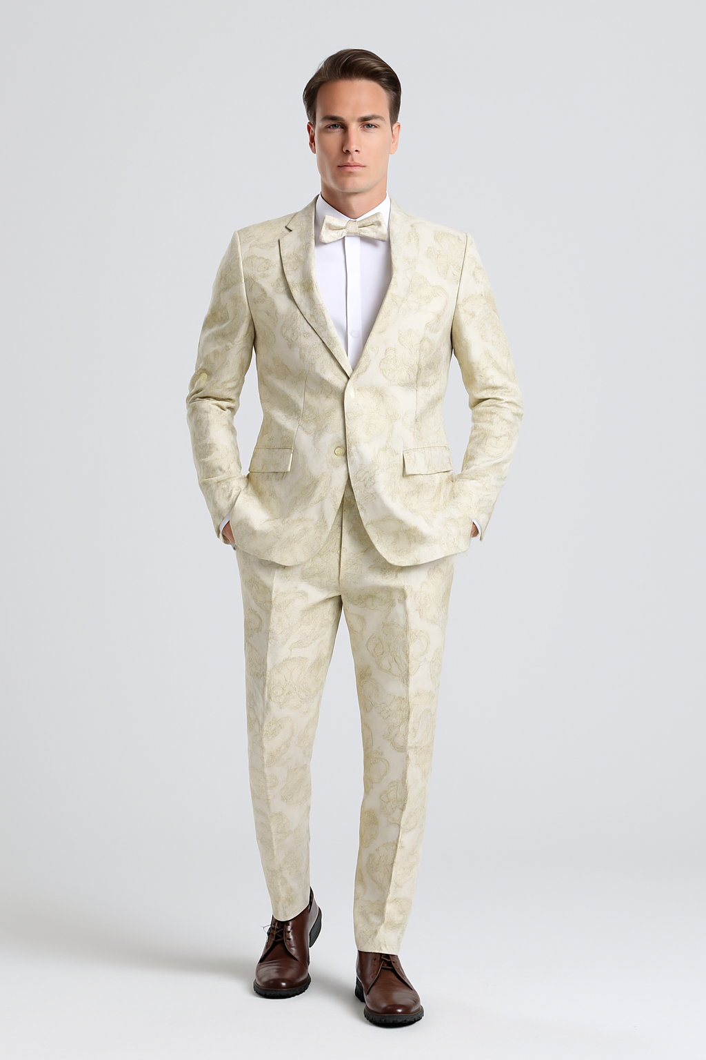 "Men's Ivory & Gold Floral Paisley Prom 2025 Tuxedo Suit" - X-Small