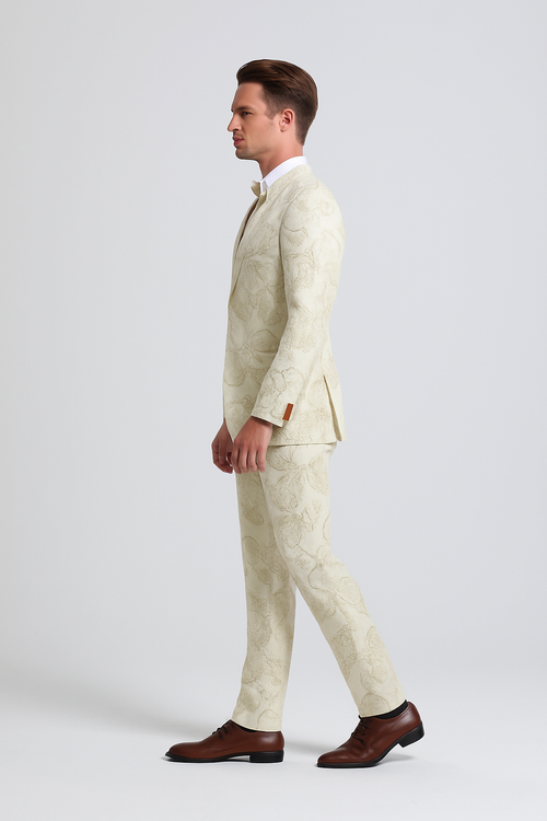 "Men's Ivory & Gold Floral Paisley Prom 2026 Tuxedo Suit"