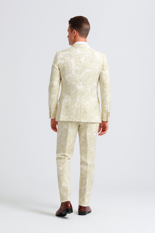 "Men's Ivory & Gold Floral Paisley Prom 2026 Tuxedo Suit"