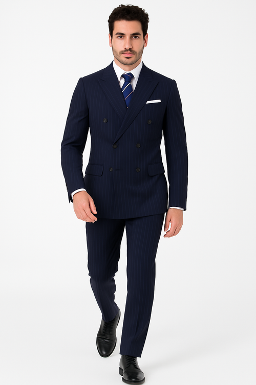 Mens Double Breasted Navy Pinstripe Suit - New Arrival