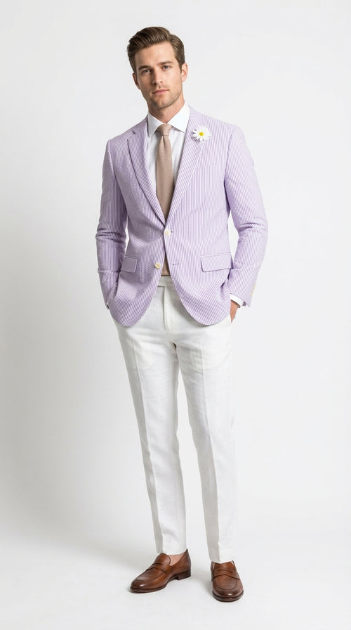 Mens Lavender Seersucker Blazer – Lightweight Striped Summer Sport Coat Casual Smart Formal Jacket