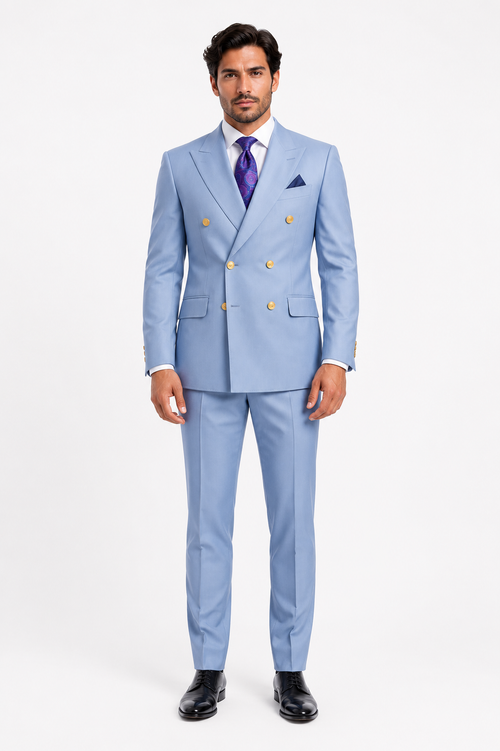 Mens Light Blue Double-Breasted Suits with Gold Button Slim Fit 2-Piece Formal Set in Sky Blue Color