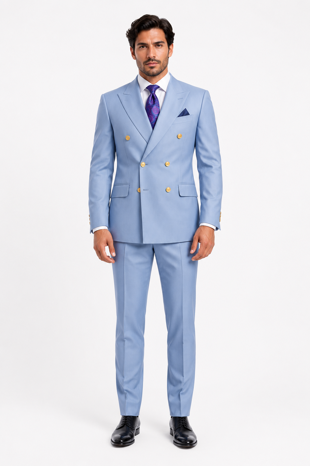 Mens Light Blue Double-Breasted Suits with Gold Button Slim Fit 2-Piece Formal Set in Sky Blue Color
