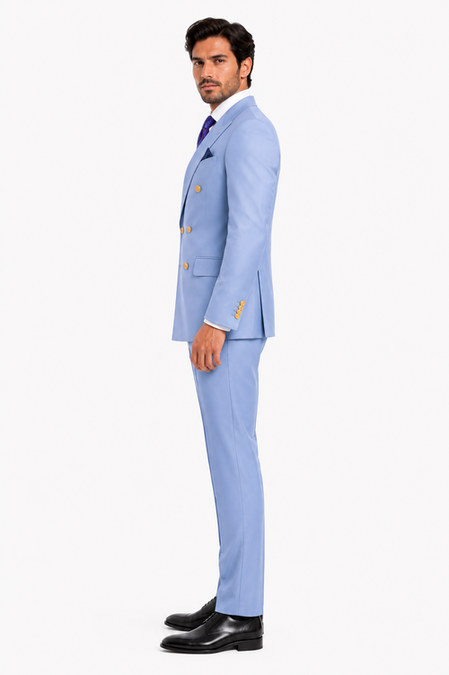 Mens Light Blue Double-Breasted Suits with Gold Button Slim Fit 2-Piece Formal Set in Sky Blue Color