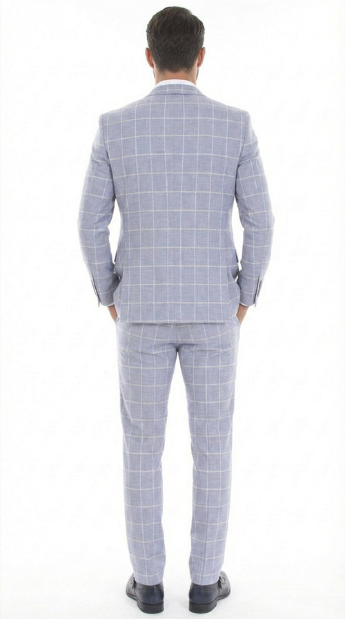 Mens Light Blue Plaid Three Piece Suit β Windowpane Check Wedding and Business Formal Suit Set