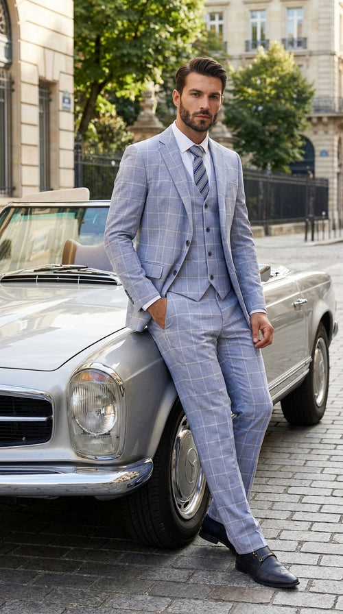 Mens Light Blue Plaid Three Piece Suit β Windowpane Check Wedding and Business Formal Suit Set