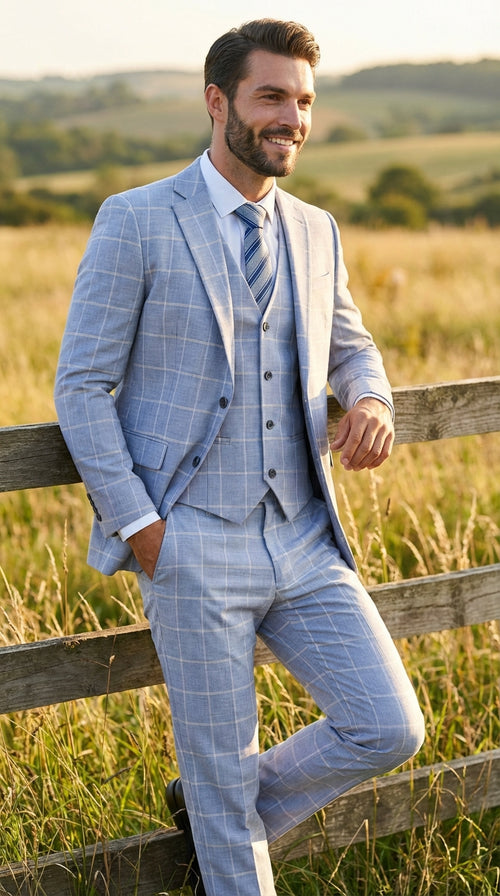 Mens Light Blue Plaid Three Piece Suit β Windowpane Check Wedding and Business Formal Suit Set