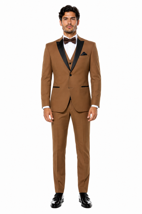 Mens Light Brown Tuxedo Suit with Black Satin Lapel – 3-Piece Formal Wedding and Prom Outfit - Country Look